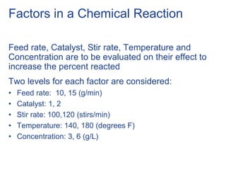 Factors in a Chemical Reaction
Feed rate, Catalyst, Stir rate, Temperature and
Concentration are to be evaluated on their effect to
increase the percent reacted
Two levels for each factor are considered:
• Feed rate: 10, 15 (g/min)
• Catalyst: 1, 2
• Stir rate: 100,120 (stirs/min)
• Temperature: 140, 180 (degrees F)
• Concentration: 3, 6 (g/L)
 