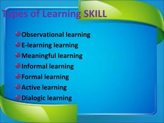 Types of Learning SKILL
Observational learning
E-learning learning
Meaningful learning
Informal learning
Formal learning
Active learning
Dialogic learning
 