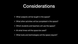 Considerations
• What subjects will be taught in the space? 

• What other activities will be completed in the space?

• Which students and teachers will use the space?

• At what times will the space be used?

• What tools and technologies will the space require?
 