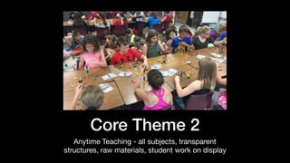 Core Theme 2
Anytime Teaching - all subjects, transparent
structures, raw materials, student work on display
 