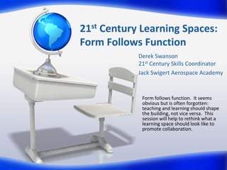 21st Century Learning Spaces:Form Follows Function Derek Swanson21st Century Skills Coordinator Jack Swigert Aerospace Academy Form follows function.  It seems obvious but is often forgotten: teaching and learning should shape the building, not vice versa.  This session will help to rethink what a learning space should look like to promote collaboration. 
