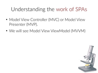 Understanding the work of SPAs
●
Model View Controller (MVC) or Model View
Presenter (MVP).
●
We will see Model View ViewModel (MVVM)
 