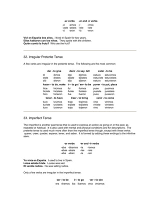 -ar verbs -er and -ir verbs
-é
-aste
-ó
-amos
-asteis
-aron
-í
-iste
-ió
-imos
-iste
-eron
Viví en España dos años. I lived in Spain for two years.
Ellos hablaron con los niños. They spoke with the children.
Quién comió la fruta? Who ate the fruit?
32. Irregular Preterite Tense
A few verbs are irregular in the preterite tense. The following are the most common:
dar - to give decir - to say, tell estar - to be
di
diste
dió
dimos
disteis
dieron
dije
dijiste
dijo
dijimos
dijisteis
dijeron
estuve
estuviste
estuvo
estuvimos
estuvisteis
estuvieron
hacer - to do, make ir - to go / ser- to be poner - to put, place
hice
hiciste
hizo
hicimos
hicisteis
hicieron
fui
fuiste
fue
fuimos
fuisteis
fueron
puse
pusiste
puso
pusimos
pusisteis
pusieron
tener - to have traer - to bring venir - to come
tuve
tuviste
tuvo
tuvimos
tuvisteis
tuvieron
traje
trajiste
trajo
trajimos
trajisteis
trajeron
vine
viniste
vino
vinimos
vinisteis
vinieron
33. Imperfect Tense
The imperfect is another past tense that is used to express an action as going on in the past, as
repeated or habitual. It is also used with mental and physical conditions and for descriptions. The
preterite tense is used much more often than the imperfect tense though, except with these verbs:
querer, creer, pueder, esperar, tener, and saber. It is formed by adding these endings to the infinitive
stem.
-ar verbs -er and -ir verbs
-aba
-abas
-aba
-ábamos
-abais
-aban
-ía
-ías
-ía
-íamos
-íais
-ían
Yo vivía en España. I used to live in Spain.
Luisa estaba triste. Louise was sad.
El vendía radios. He was selling radios.
Only a few verbs are irregular in the imperfect tense:
ser - to be ir - to go ver - to see
era éramos iba íbamos veía veíamos
 