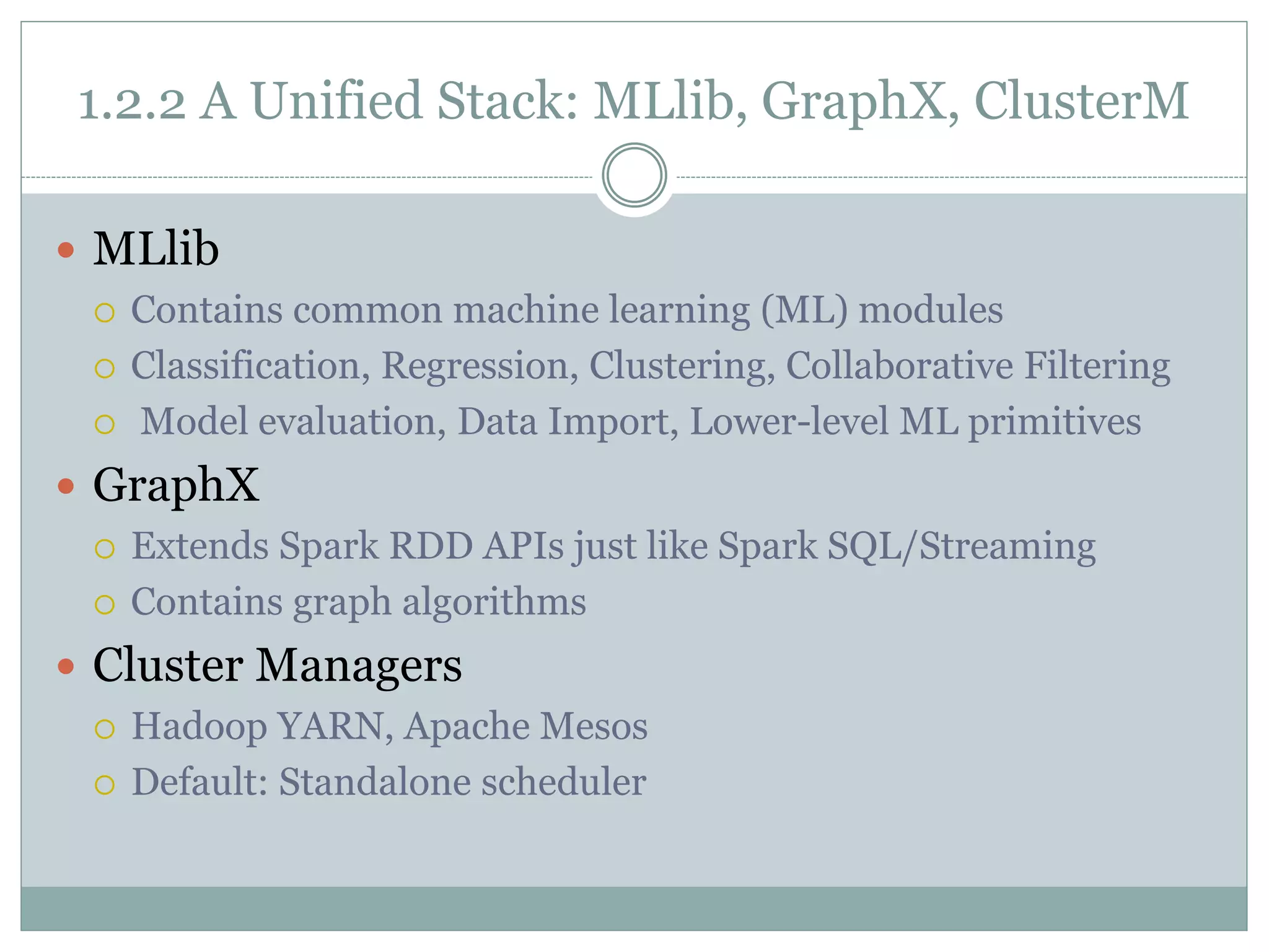 1.2.2 A Unified Stack: MLlib, GraphX, ClusterM
 MLlib
 Contains common machine learning (ML) modules
 Classification, Regression, Clustering, Collaborative Filtering
 Model evaluation, Data Import, Lower-level ML primitives
 GraphX
 Extends Spark RDD APIs just like Spark SQL/Streaming
 Contains graph algorithms
 Cluster Managers
 Hadoop YARN, Apache Mesos
 Default: Standalone scheduler
 