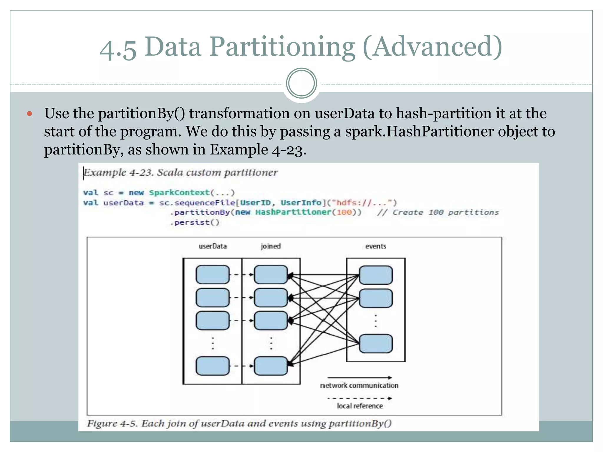 4.5 Data Partitioning (Advanced)
 Use the partitionBy() transformation on userData to hash-partition it at the
start of the program. We do this by passing a spark.HashPartitioner object to
partitionBy, as shown in Example 4-23.
 