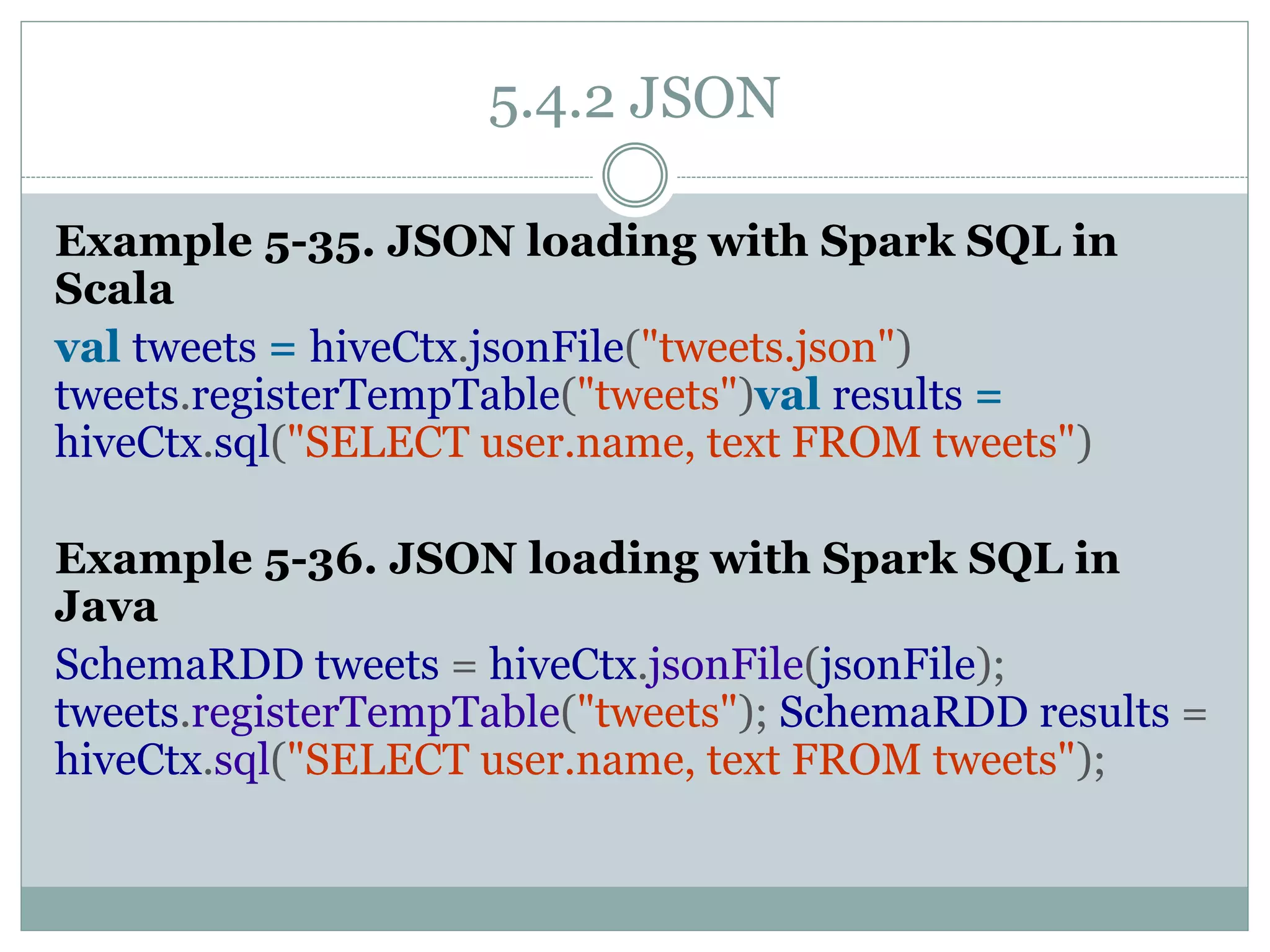 5.4.2 JSON
Example 5-35. JSON loading with Spark SQL in
Scala
val tweets = hiveCtx.jsonFile("tweets.json")
tweets.registerTempTable("tweets")val results =
hiveCtx.sql("SELECT user.name, text FROM tweets")
Example 5-36. JSON loading with Spark SQL in
Java
SchemaRDD tweets = hiveCtx.jsonFile(jsonFile);
tweets.registerTempTable("tweets"); SchemaRDD results =
hiveCtx.sql("SELECT user.name, text FROM tweets");
 