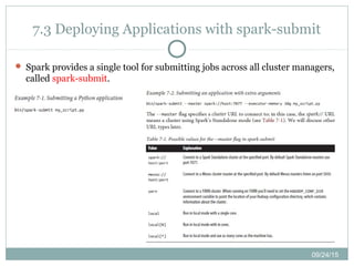 09/24/15
7.3 Deploying Applications with spark-submit
 Spark provides a single tool for submitting jobs across all cluster managers,
called spark-submit.
 