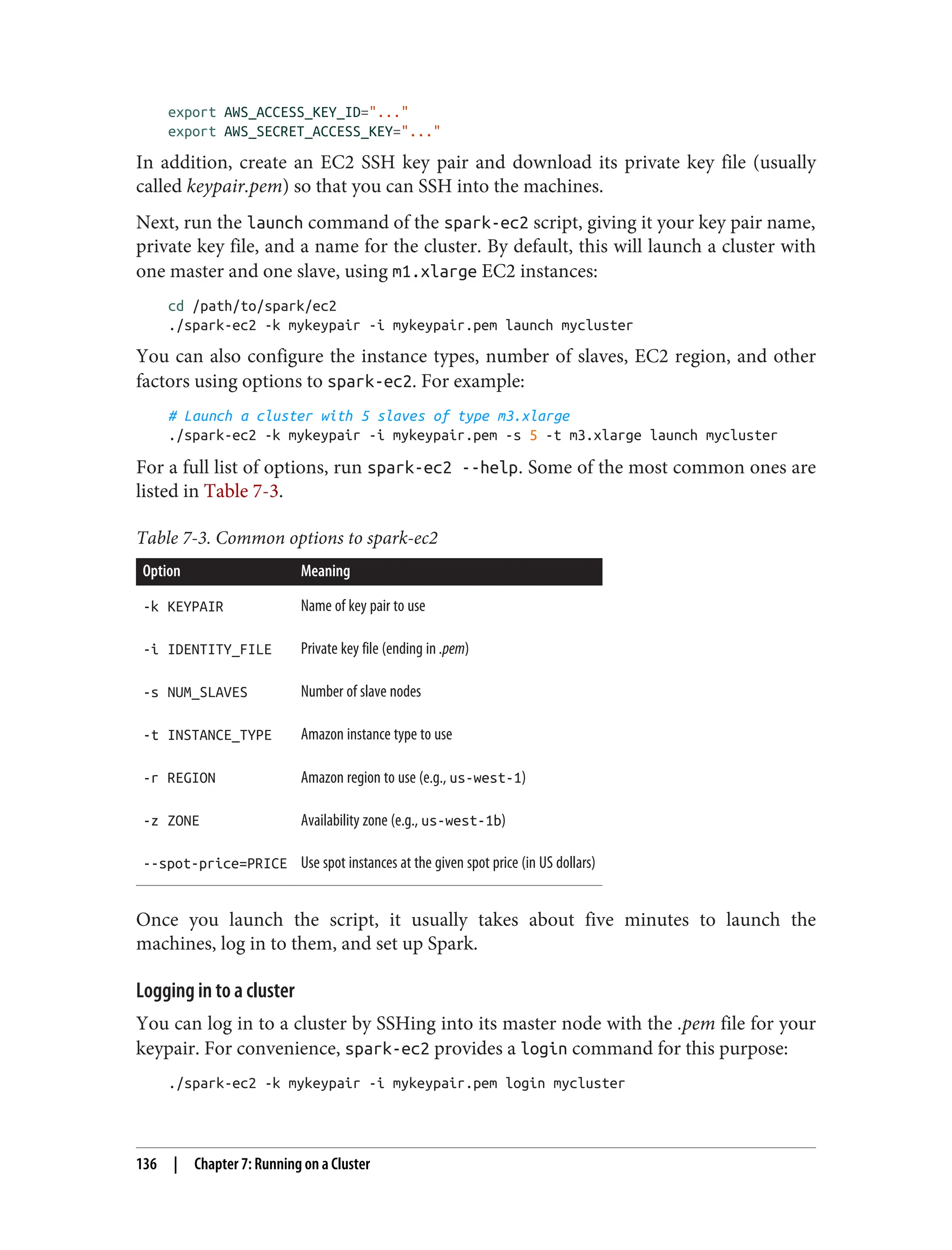 export AWS_ACCESS_KEY_ID="..."
export AWS_SECRET_ACCESS_KEY="..."
In addition, create an EC2 SSH key pair and download its private key file (usually
called keypair.pem) so that you can SSH into the machines.
Next, run the launch command of the spark-ec2 script, giving it your key pair name,
private key file, and a name for the cluster. By default, this will launch a cluster with
one master and one slave, using m1.xlarge EC2 instances:
cd /path/to/spark/ec2
./spark-ec2 -k mykeypair -i mykeypair.pem launch mycluster
You can also configure the instance types, number of slaves, EC2 region, and other
factors using options to spark-ec2. For example:
# Launch a cluster with 5 slaves of type m3.xlarge
./spark-ec2 -k mykeypair -i mykeypair.pem -s 5 -t m3.xlarge launch mycluster
For a full list of options, run spark-ec2 --help. Some of the most common ones are
listed in Table 7-3.
Table 7-3. Common options to spark-ec2
Option Meaning
-k KEYPAIR Name of key pair to use
-i IDENTITY_FILE Private key file (ending in .pem)
-s NUM_SLAVES Number of slave nodes
-t INSTANCE_TYPE Amazon instance type to use
-r REGION Amazon region to use (e.g., us-west-1)
-z ZONE Availability zone (e.g., us-west-1b)
--spot-price=PRICE Use spot instances at the given spot price (in US dollars)
Once you launch the script, it usually takes about five minutes to launch the
machines, log in to them, and set up Spark.
Logging in to a cluster
You can log in to a cluster by SSHing into its master node with the .pem file for your
keypair. For convenience, spark-ec2 provides a login command for this purpose:
./spark-ec2 -k mykeypair -i mykeypair.pem login mycluster
136 | Chapter 7: Running on a Cluster
 