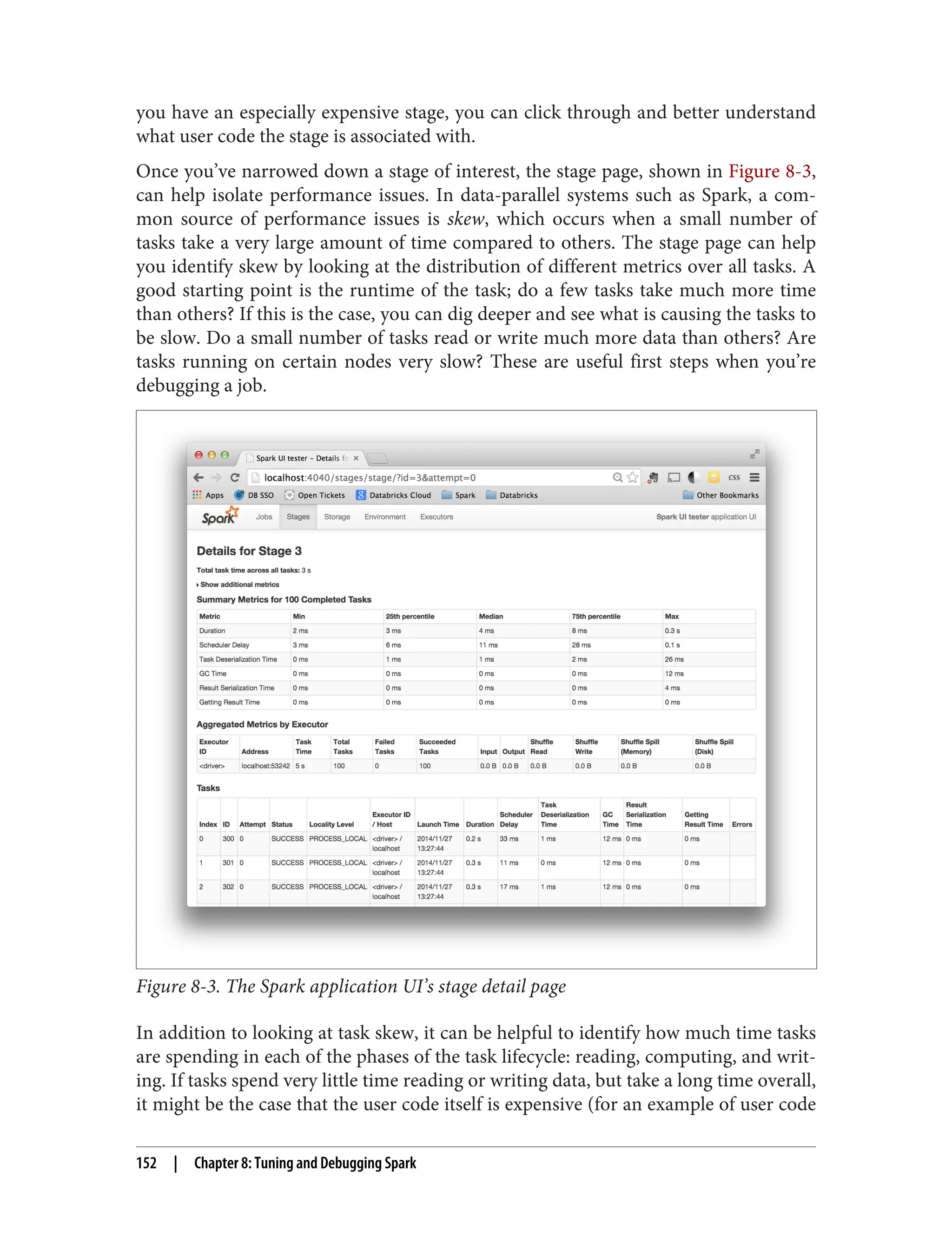 you have an especially expensive stage, you can click through and better understand
what user code the stage is associated with.
Once you’ve narrowed down a stage of interest, the stage page, shown in Figure 8-3,
can help isolate performance issues. In data-parallel systems such as Spark, a com‐
mon source of performance issues is skew, which occurs when a small number of
tasks take a very large amount of time compared to others. The stage page can help
you identify skew by looking at the distribution of different metrics over all tasks. A
good starting point is the runtime of the task; do a few tasks take much more time
than others? If this is the case, you can dig deeper and see what is causing the tasks to
be slow. Do a small number of tasks read or write much more data than others? Are
tasks running on certain nodes very slow? These are useful first steps when you’re
debugging a job.
Figure 8-3. The Spark application UI’s stage detail page
In addition to looking at task skew, it can be helpful to identify how much time tasks
are spending in each of the phases of the task lifecycle: reading, computing, and writ‐
ing. If tasks spend very little time reading or writing data, but take a long time overall,
it might be the case that the user code itself is expensive (for an example of user code
152 | Chapter 8: Tuning and Debugging Spark
 
