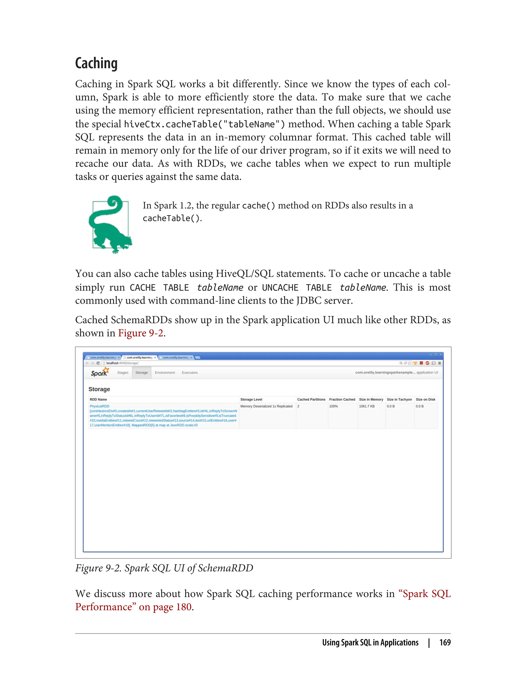 Caching
Caching in Spark SQL works a bit differently. Since we know the types of each col‐
umn, Spark is able to more efficiently store the data. To make sure that we cache
using the memory efficient representation, rather than the full objects, we should use
the special hiveCtx.cacheTable("tableName") method. When caching a table Spark
SQL represents the data in an in-memory columnar format. This cached table will
remain in memory only for the life of our driver program, so if it exits we will need to
recache our data. As with RDDs, we cache tables when we expect to run multiple
tasks or queries against the same data.
In Spark 1.2, the regular cache() method on RDDs also results in a
cacheTable().
You can also cache tables using HiveQL/SQL statements. To cache or uncache a table
simply run CACHE TABLE tableName or UNCACHE TABLE tableName. This is most
commonly used with command-line clients to the JDBC server.
Cached SchemaRDDs show up in the Spark application UI much like other RDDs, as
shown in Figure 9-2.
Figure 9-2. Spark SQL UI of SchemaRDD
We discuss more about how Spark SQL caching performance works in “Spark SQL
Performance” on page 180.
Using Spark SQL in Applications | 169
 