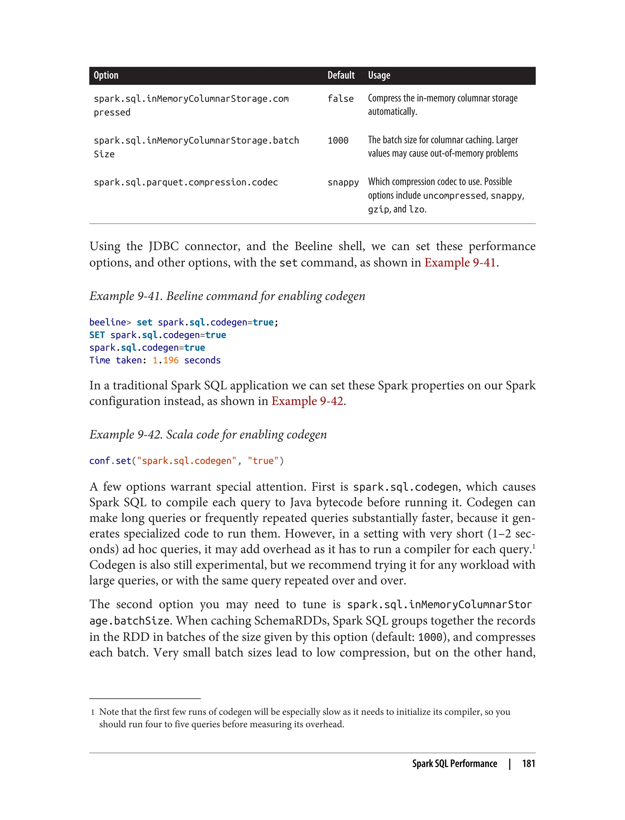 1 Note that the first few runs of codegen will be especially slow as it needs to initialize its compiler, so you
should run four to five queries before measuring its overhead.
Option Default Usage
spark.sql.inMemoryColumnarStorage.com
pressed
false Compress the in-memory columnar storage
automatically.
spark.sql.inMemoryColumnarStorage.batch
Size
1000 The batch size for columnar caching. Larger
values may cause out-of-memory problems
spark.sql.parquet.compression.codec snappy Which compression codec to use. Possible
options include uncompressed, snappy,
gzip, and lzo.
Using the JDBC connector, and the Beeline shell, we can set these performance
options, and other options, with the set command, as shown in Example 9-41.
Example 9-41. Beeline command for enabling codegen
beeline> set spark.sql.codegen=true;
SET spark.sql.codegen=true
spark.sql.codegen=true
Time taken: 1.196 seconds
In a traditional Spark SQL application we can set these Spark properties on our Spark
configuration instead, as shown in Example 9-42.
Example 9-42. Scala code for enabling codegen
conf.set("spark.sql.codegen", "true")
A few options warrant special attention. First is spark.sql.codegen, which causes
Spark SQL to compile each query to Java bytecode before running it. Codegen can
make long queries or frequently repeated queries substantially faster, because it gen‐
erates specialized code to run them. However, in a setting with very short (1–2 sec‐
onds) ad hoc queries, it may add overhead as it has to run a compiler for each query.1
Codegen is also still experimental, but we recommend trying it for any workload with
large queries, or with the same query repeated over and over.
The second option you may need to tune is spark.sql.inMemoryColumnarStor
age.batchSize. When caching SchemaRDDs, Spark SQL groups together the records
in the RDD in batches of the size given by this option (default: 1000), and compresses
each batch. Very small batch sizes lead to low compression, but on the other hand,
Spark SQL Performance | 181
 
