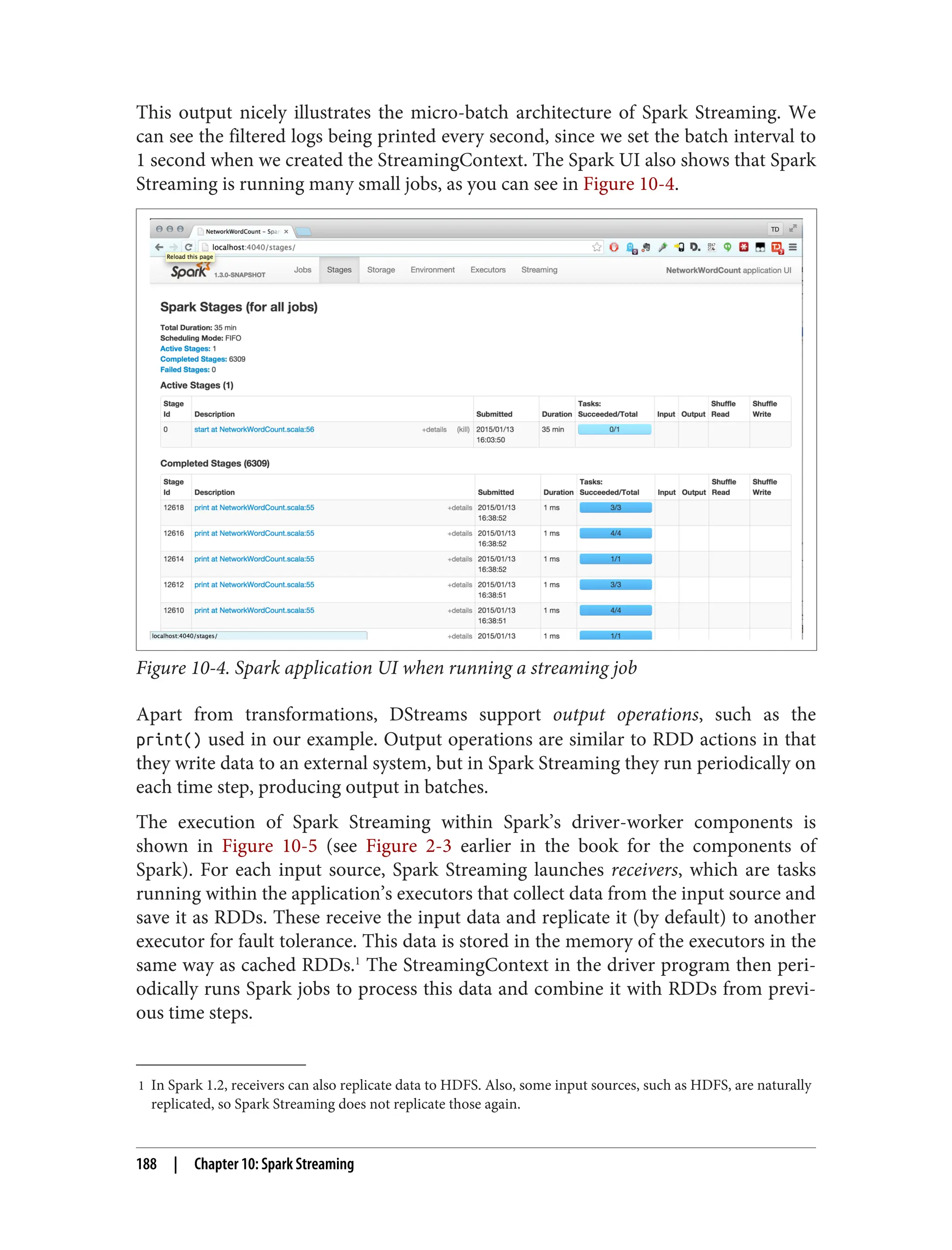 1 In Spark 1.2, receivers can also replicate data to HDFS. Also, some input sources, such as HDFS, are naturally
replicated, so Spark Streaming does not replicate those again.
This output nicely illustrates the micro-batch architecture of Spark Streaming. We
can see the filtered logs being printed every second, since we set the batch interval to
1 second when we created the StreamingContext. The Spark UI also shows that Spark
Streaming is running many small jobs, as you can see in Figure 10-4.
Figure 10-4. Spark application UI when running a streaming job
Apart from transformations, DStreams support output operations, such as the
print() used in our example. Output operations are similar to RDD actions in that
they write data to an external system, but in Spark Streaming they run periodically on
each time step, producing output in batches.
The execution of Spark Streaming within Spark’s driver-worker components is
shown in Figure 10-5 (see Figure 2-3 earlier in the book for the components of
Spark). For each input source, Spark Streaming launches receivers, which are tasks
running within the application’s executors that collect data from the input source and
save it as RDDs. These receive the input data and replicate it (by default) to another
executor for fault tolerance. This data is stored in the memory of the executors in the
same way as cached RDDs.1
The StreamingContext in the driver program then peri‐
odically runs Spark jobs to process this data and combine it with RDDs from previ‐
ous time steps.
188 | Chapter 10: Spark Streaming
 