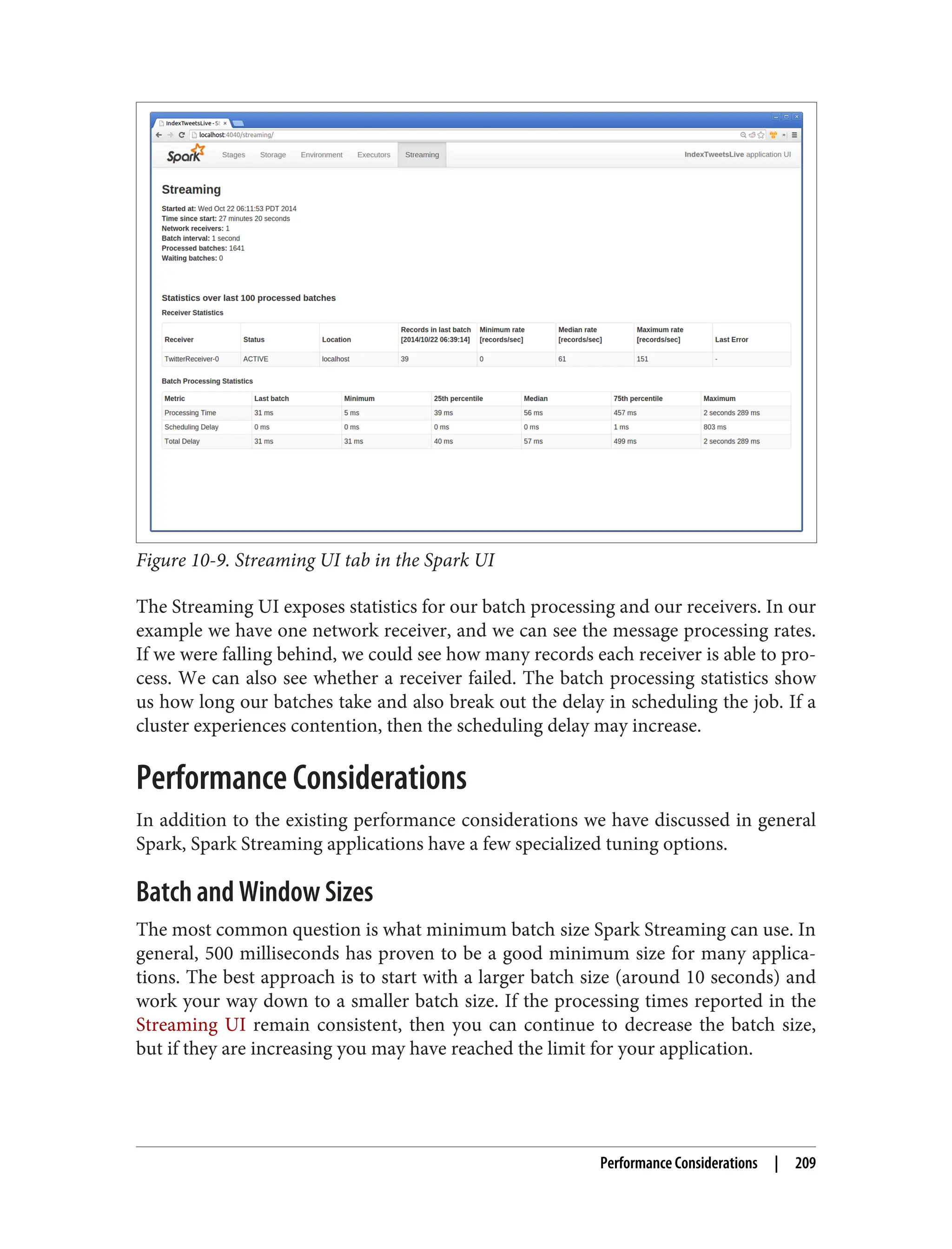 Figure 10-9. Streaming UI tab in the Spark UI
The Streaming UI exposes statistics for our batch processing and our receivers. In our
example we have one network receiver, and we can see the message processing rates.
If we were falling behind, we could see how many records each receiver is able to pro‐
cess. We can also see whether a receiver failed. The batch processing statistics show
us how long our batches take and also break out the delay in scheduling the job. If a
cluster experiences contention, then the scheduling delay may increase.
Performance Considerations
In addition to the existing performance considerations we have discussed in general
Spark, Spark Streaming applications have a few specialized tuning options.
Batch and Window Sizes
The most common question is what minimum batch size Spark Streaming can use. In
general, 500 milliseconds has proven to be a good minimum size for many applica‐
tions. The best approach is to start with a larger batch size (around 10 seconds) and
work your way down to a smaller batch size. If the processing times reported in the
Streaming UI remain consistent, then you can continue to decrease the batch size,
but if they are increasing you may have reached the limit for your application.
Performance Considerations | 209
 