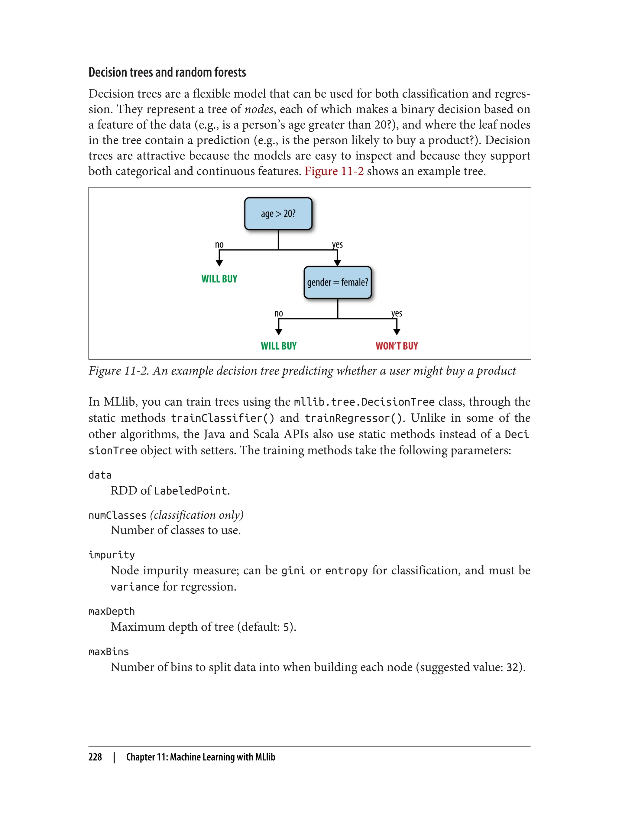 Decision trees and random forests
Decision trees are a flexible model that can be used for both classification and regres‐
sion. They represent a tree of nodes, each of which makes a binary decision based on
a feature of the data (e.g., is a person’s age greater than 20?), and where the leaf nodes
in the tree contain a prediction (e.g., is the person likely to buy a product?). Decision
trees are attractive because the models are easy to inspect and because they support
both categorical and continuous features. Figure 11-2 shows an example tree.
Figure 11-2. An example decision tree predicting whether a user might buy a product
In MLlib, you can train trees using the mllib.tree.DecisionTree class, through the
static methods trainClassifier() and trainRegressor(). Unlike in some of the
other algorithms, the Java and Scala APIs also use static methods instead of a Deci
sionTree object with setters. The training methods take the following parameters:
data
RDD of LabeledPoint.
numClasses (classification only)
Number of classes to use.
impurity
Node impurity measure; can be gini or entropy for classification, and must be
variance for regression.
maxDepth
Maximum depth of tree (default: 5).
maxBins
Number of bins to split data into when building each node (suggested value: 32).
228 | Chapter 11: Machine Learning with MLlib
 