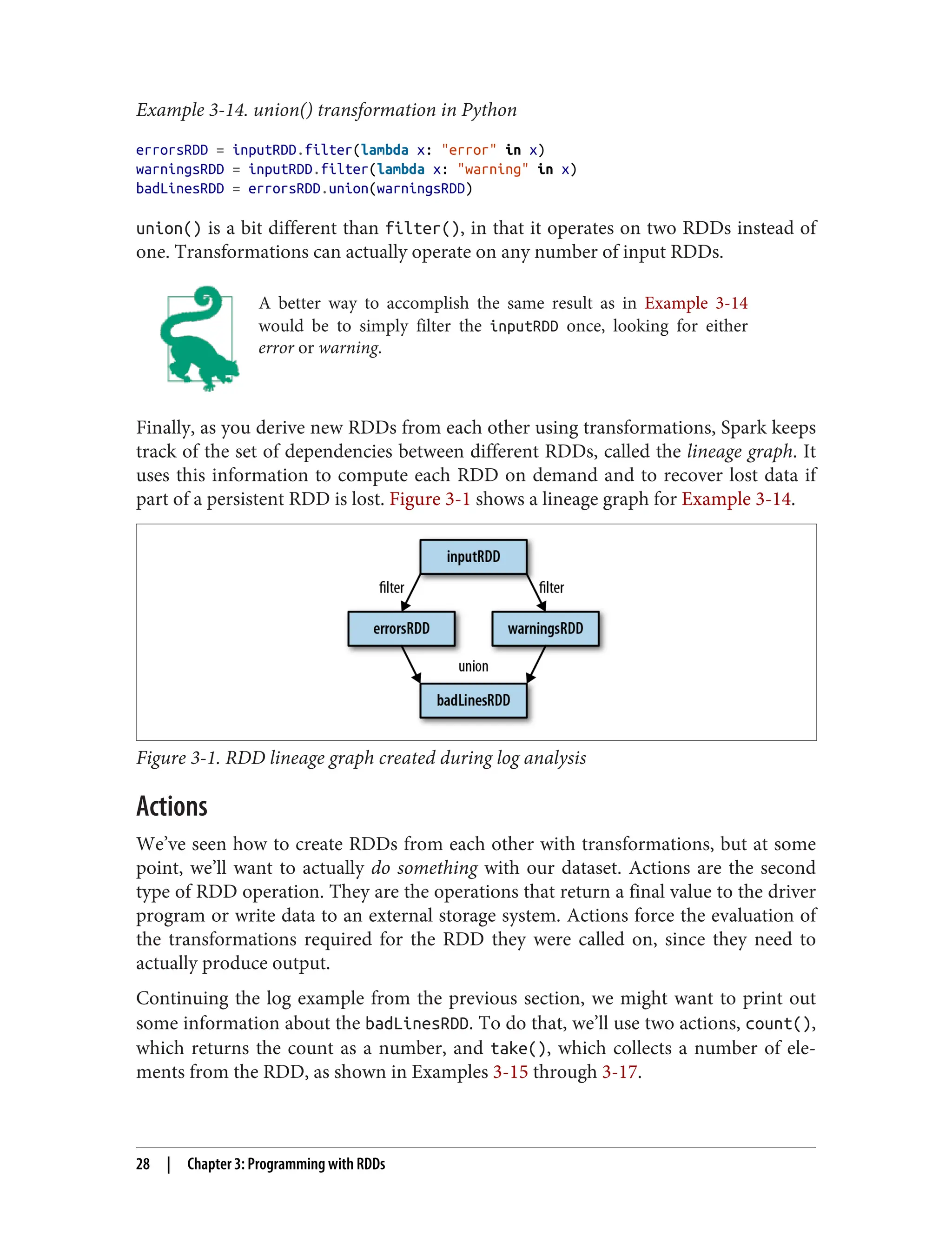 Example 3-14. union() transformation in Python
errorsRDD = inputRDD.filter(lambda x: "error" in x)
warningsRDD = inputRDD.filter(lambda x: "warning" in x)
badLinesRDD = errorsRDD.union(warningsRDD)
union() is a bit different than filter(), in that it operates on two RDDs instead of
one. Transformations can actually operate on any number of input RDDs.
A better way to accomplish the same result as in Example 3-14
would be to simply filter the inputRDD once, looking for either
error or warning.
Finally, as you derive new RDDs from each other using transformations, Spark keeps
track of the set of dependencies between different RDDs, called the lineage graph. It
uses this information to compute each RDD on demand and to recover lost data if
part of a persistent RDD is lost. Figure 3-1 shows a lineage graph for Example 3-14.
Figure 3-1. RDD lineage graph created during log analysis
Actions
We’ve seen how to create RDDs from each other with transformations, but at some
point, we’ll want to actually do something with our dataset. Actions are the second
type of RDD operation. They are the operations that return a final value to the driver
program or write data to an external storage system. Actions force the evaluation of
the transformations required for the RDD they were called on, since they need to
actually produce output.
Continuing the log example from the previous section, we might want to print out
some information about the badLinesRDD. To do that, we’ll use two actions, count(),
which returns the count as a number, and take(), which collects a number of ele‐
ments from the RDD, as shown in Examples 3-15 through 3-17.
28 | Chapter 3: Programming with RDDs
 