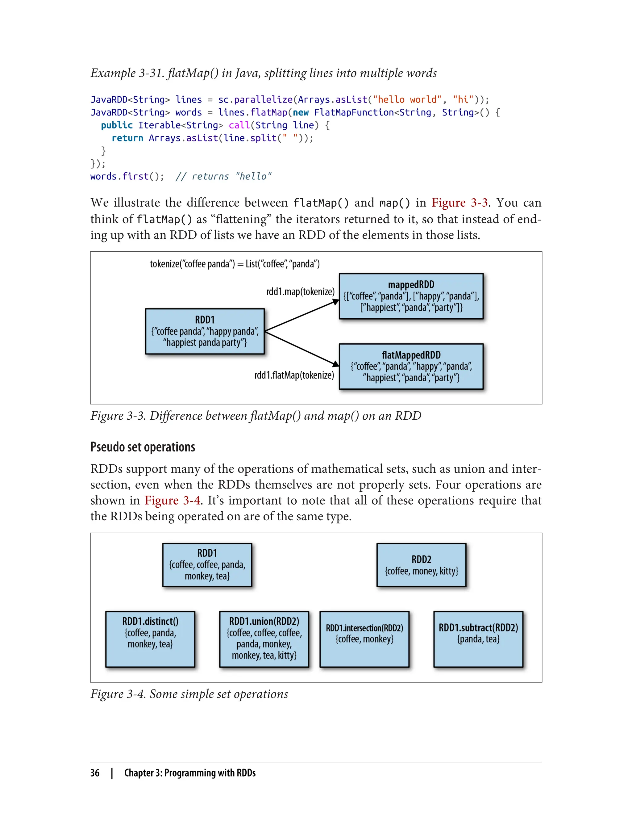 Example 3-31. flatMap() in Java, splitting lines into multiple words
JavaRDD<String> lines = sc.parallelize(Arrays.asList("hello world", "hi"));
JavaRDD<String> words = lines.flatMap(new FlatMapFunction<String, String>() {
public Iterable<String> call(String line) {
return Arrays.asList(line.split(" "));
}
});
words.first(); // returns "hello"
We illustrate the difference between flatMap() and map() in Figure 3-3. You can
think of flatMap() as “flattening” the iterators returned to it, so that instead of end‐
ing up with an RDD of lists we have an RDD of the elements in those lists.
Figure 3-3. Difference between flatMap() and map() on an RDD
Pseudo set operations
RDDs support many of the operations of mathematical sets, such as union and inter‐
section, even when the RDDs themselves are not properly sets. Four operations are
shown in Figure 3-4. It’s important to note that all of these operations require that
the RDDs being operated on are of the same type.
Figure 3-4. Some simple set operations
36 | Chapter 3: Programming with RDDs
 