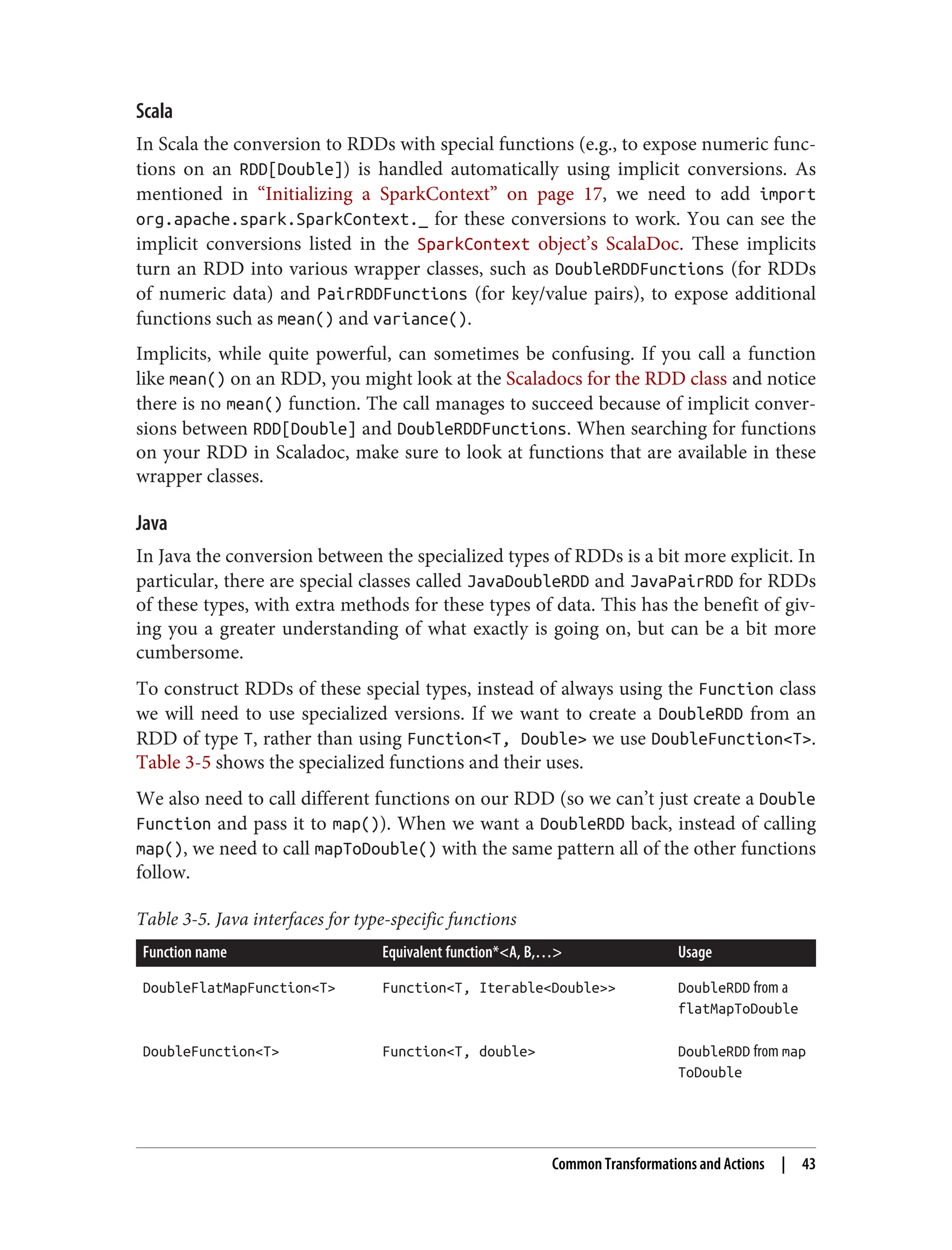 Scala
In Scala the conversion to RDDs with special functions (e.g., to expose numeric func‐
tions on an RDD[Double]) is handled automatically using implicit conversions. As
mentioned in “Initializing a SparkContext” on page 17, we need to add import
org.apache.spark.SparkContext._ for these conversions to work. You can see the
implicit conversions listed in the SparkContext object’s ScalaDoc. These implicits
turn an RDD into various wrapper classes, such as DoubleRDDFunctions (for RDDs
of numeric data) and PairRDDFunctions (for key/value pairs), to expose additional
functions such as mean() and variance().
Implicits, while quite powerful, can sometimes be confusing. If you call a function
like mean() on an RDD, you might look at the Scaladocs for the RDD class and notice
there is no mean() function. The call manages to succeed because of implicit conver‐
sions between RDD[Double] and DoubleRDDFunctions. When searching for functions
on your RDD in Scaladoc, make sure to look at functions that are available in these
wrapper classes.
Java
In Java the conversion between the specialized types of RDDs is a bit more explicit. In
particular, there are special classes called JavaDoubleRDD and JavaPairRDD for RDDs
of these types, with extra methods for these types of data. This has the benefit of giv‐
ing you a greater understanding of what exactly is going on, but can be a bit more
cumbersome.
To construct RDDs of these special types, instead of always using the Function class
we will need to use specialized versions. If we want to create a DoubleRDD from an
RDD of type T, rather than using Function<T, Double> we use DoubleFunction<T>.
Table 3-5 shows the specialized functions and their uses.
We also need to call different functions on our RDD (so we can’t just create a Double
Function and pass it to map()). When we want a DoubleRDD back, instead of calling
map(), we need to call mapToDouble() with the same pattern all of the other functions
follow.
Table 3-5. Java interfaces for type-specific functions
Function name Equivalent function*<A, B,…> Usage
DoubleFlatMapFunction<T> Function<T, Iterable<Double>> DoubleRDD from a
flatMapToDouble
DoubleFunction<T> Function<T, double> DoubleRDD from map
ToDouble
Common Transformations and Actions | 43
 