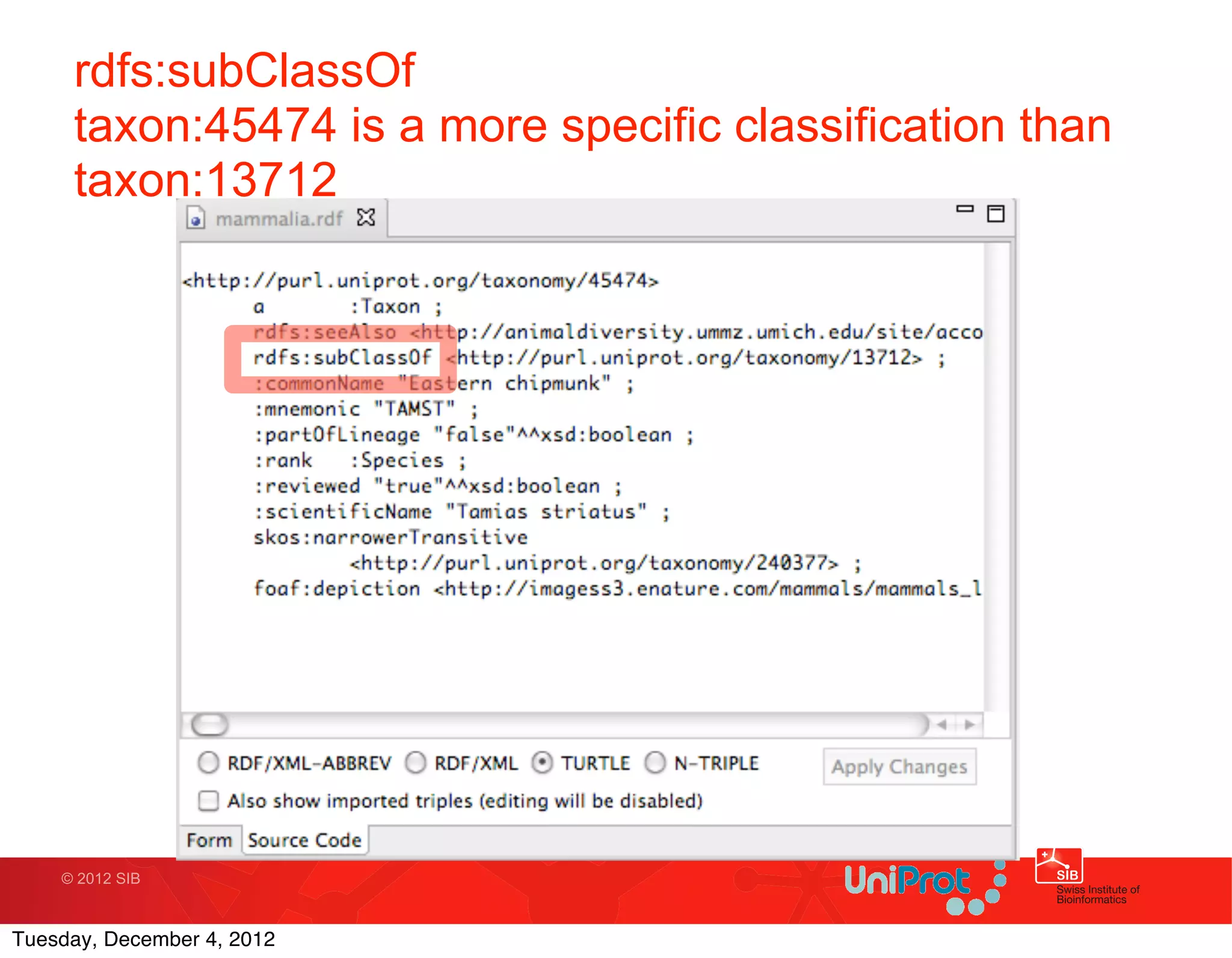 rdfs:subClassOf
     taxon:45474 is a more specific classification than
     taxon:13712




    © 2012 SIB



Tuesday, December 4, 2012
 