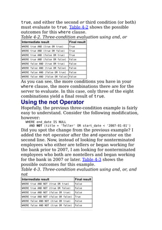 true, and either the second or third condition (or both)
must evaluate to true. Table 4-2 shows the possible
outcomes for this where clause.
Table 4-2. Three-condition evaluation using and, or
Intermediate result Final result
WHERE true AND (true OR true) True
WHERE true AND (true OR false) True
WHERE true AND (false OR true) True
WHERE true AND (false OR false) False
WHERE false AND (true OR true) False
WHERE false AND (true OR false) False
WHERE false AND (false OR true) False
WHERE false AND (false OR false) False
As you can see, the more conditions you have in your
where clause, the more combinations there are for the
server to evaluate. In this case, only three of the eight
combinations yield a ﬁnal result of true.
Using the not Operator
Hopefully, the previous three-condition example is fairly
easy to understand. Consider the following modiﬁcation,
however:
WHERE end_date IS NULL
AND NOT (title = 'Teller' OR start_date < '2007-01-01')
Did you spot the change from the previous example? I
added the not operator after the and operator on the
second line. Now, instead of looking for nonterminated
employees who either are tellers or began working for
the bank prior to 2007, I am looking for nonterminated
employees who both are nontellers and began working
for the bank in 2007 or later. Table 4-3 shows the
possible outcomes for this example.
Table 4-3. Three-condition evaluation using and, or, and
not
Intermediate result Final result
WHERE true AND NOT (true OR true) False
WHERE true AND NOT (true OR false) False
WHERE true AND NOT (false OR true) False
WHERE true AND NOT (false OR false) True
WHERE false AND NOT (true OR true) False
WHERE false AND NOT (true OR false) False
 