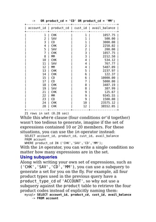 -> OR product_cd = 'CD' OR product_cd = 'MM';
+------------+------------+---------+---------------+
| account_id | product_cd | cust_id | avail_balance |
+------------+------------+---------+---------------+
| 1 | CHK | 1 | 1057.75 |
| 2 | SAV | 1 | 500.00 |
| 3 | CD | 1 | 3000.00 |
| 4 | CHK | 2 | 2258.02 |
| 5 | SAV | 2 | 200.00 |
| 7 | CHK | 3 | 1057.75 |
| 8 | MM | 3 | 2212.50 |
| 10 | CHK | 4 | 534.12 |
| 11 | SAV | 4 | 767.77 |
| 12 | MM | 4 | 5487.09 |
| 13 | CHK | 5 | 2237.97 |
| 14 | CHK | 6 | 122.37 |
| 15 | CD | 6 | 10000.00 |
| 17 | CD | 7 | 5000.00 |
| 18 | CHK | 8 | 3487.19 |
| 19 | SAV | 8 | 387.99 |
| 21 | CHK | 9 | 125.67 |
| 22 | MM | 9 | 9345.55 |
| 23 | CD | 9 | 1500.00 |
| 24 | CHK | 10 | 23575.12 |
| 28 | CHK | 12 | 38552.05 |
+------------+------------+---------+---------------+
21 rows in set (0.28 sec)
While this where clause (four conditions or‘d together)
wasn’t too tedious to generate, imagine if the set of
expressions contained 10 or 20 members. For these
situations, you can use the in operator instead:
SELECT account_id, product_cd, cust_id, avail_balance
FROM account
WHERE product_cd IN ('CHK','SAV','CD','MM');
With the in operator, you can write a single condition no
matter how many expressions are in the set.
Using subqueries
Along with writing your own set of expressions, such as
('CHK','SAV','CD','MM'), you can use a subquery to
generate a set for you on the ﬂy. For example, all four
product types used in the previous query have a
product_type_cd of 'ACCOUNT', so why not use a
subquery against the product table to retrieve the four
product codes instead of explicitly naming them:
mysql> SELECT account_id, product_cd, cust_id, avail_balance
-> FROM account
 