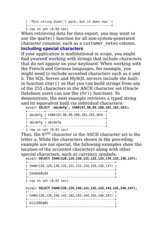 | 'This string didn't work, but it does now' |
+---------------------------------------------+
1 row in set (0.04 sec)
When retrieving data for data export, you may want to
use the quote() function for all non-system-generated
character columns, such as a customer_notes column.
Including special characters
If your application is multinational in scope, you might
ﬁnd yourself working with strings that include characters
that do not appear on your keyboard. When working with
the French and German languages, for example, you
might need to include accented characters such as é and
ö. The SQL Server and MySQL servers include the built-
in function char() so that you can build strings from any
of the 255 characters in the ASCII character set (Oracle
Database users can use the chr() function). To
demonstrate, the next example retrieves a typed string
and its equivalent built via individual characters:
mysql> SELECT 'abcdefg', CHAR(97,98,99,100,101,102,103);
+---------+--------------------------------+
| abcdefg | CHAR(97,98,99,100,101,102,103) |
+---------+--------------------------------+
| abcdefg | abcdefg |
+---------+--------------------------------+
1 row in set (0.01 sec)
Thus, the 97th character in the ASCII character set is the
letter a. While the characters shown in the preceding
example are not special, the following examples show the
location of the accented characters along with other
special characters, such as currency symbols:
mysql> SELECT CHAR(128,129,130,131,132,133,134,135,136,137);
+-----------------------------------------------+
| CHAR(128,129,130,131,132,133,134,135,136,137) |
+-----------------------------------------------+
| Çüéâäàåçêë |
+-----------------------------------------------+
1 row in set (0.01 sec)
mysql> SELECT CHAR(138,139,140,141,142,143,144,145,146,147);
+-----------------------------------------------+
| CHAR(138,139,140,141,142,143,144,145,146,147) |
+-----------------------------------------------+
| èïîìÄÅÉæÆô |
+-----------------------------------------------+
 