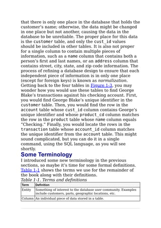 that there is only one place in the database that holds the
customer’s name; otherwise, the data might be changed
in one place but not another, causing the data in the
database to be unreliable. The proper place for this data
is the customer table, and only the cust_id values
should be included in other tables. It is also not proper
for a single column to contain multiple pieces of
information, such as a name column that contains both a
person’s ﬁrst and last names, or an address column that
contains street, city, state, and zip code information. The
process of reﬁning a database design to ensure that each
independent piece of information is in only one place
(except for foreign keys) is known as normalization.
Getting back to the four tables in Figure 1-3, you may
wonder how you would use these tables to ﬁnd George
Blake’s transactions against his checking account. First,
you would ﬁnd George Blake’s unique identiﬁer in the
customer table. Then, you would ﬁnd the row in the
account table whose cust_id column contains George’s
unique identiﬁer and whose product_cd column matches
the row in the product table whose name column equals
“Checking.” Finally, you would locate the rows in the
transaction table whose account_id column matches
the unique identiﬁer from the account table. This might
sound complicated, but you can do it in a single
command, using the SQL language, as you will see
shortly.
Some Terminology
I introduced some new terminology in the previous
sections, so maybe it’s time for some formal deﬁnitions.
Table 1-1 shows the terms we use for the remainder of
the book along with their deﬁnitions.
Table 1-1. Terms and deﬁnitions
Term Definition
Entity Something of interest to the database user community. Examples
include customers, parts, geographic locations, etc.
Column An individual piece of data stored in a table.
 