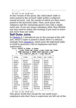 +------------+------------+-----------------+-----------------
-------+
24 rows in set (0.08 sec)
In this version of the query, the individual table is
outer-joined to the account table within a subquery
named account_ind, the results of which are then outer-
joined to the business table. Thus, each query (the
subquery and the containing query) uses only a single
outer join. If you are using a database other than MySQL,
you may need to utilize this strategy if you want to outer-
join more than one table.
Self Outer Joins
In Chapter 5, I introduced you to the concept of the self-
join, where a table is joined to itself. Here’s a self-join
example from Chapter 5, which joins the employee table
to itself to generate a list of employees and their
supervisors:
mysql> SELECT e.fname, e.lname,
-> e_mgr.fname mgr_fname, e_mgr.lname mgr_lname
-> FROM employee e INNER JOIN employee e_mgr
-> ON e.superior_emp_id = e_mgr.emp_id;
+----------+-----------+-----------+-----------+
| fname | lname | mgr_fname | mgr_lname |
+----------+-----------+-----------+-----------+
| Susan | Barker | Michael | Smith |
| Robert | Tyler | Michael | Smith |
| Susan | Hawthorne | Robert | Tyler |
| John | Gooding | Susan | Hawthorne |
| Helen | Fleming | Susan | Hawthorne |
| Chris | Tucker | Helen | Fleming |
| Sarah | Parker | Helen | Fleming |
| Jane | Grossman | Helen | Fleming |
| Paula | Roberts | Susan | Hawthorne |
| Thomas | Ziegler | Paula | Roberts |
| Samantha | Jameson | Paula | Roberts |
| John | Blake | Susan | Hawthorne |
| Cindy | Mason | John | Blake |
| Frank | Portman | John | Blake |
| Theresa | Markham | Susan | Hawthorne |
| Beth | Fowler | Theresa | Markham |
| Rick | Tulman | Theresa | Markham |
+----------+-----------+-----------+-----------+
17 rows in set (0.02 sec)
This query works ﬁne except for one small issue:
employees who don’t have a supervisor are left out of the
 