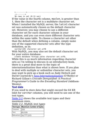 +----------+-----------------------------+--------------------
-+--------+
36 rows in set (0.11 sec)
If the value in the fourth column, maxlen, is greater than
1, then the character set is a multibyte character set.
When I installed the MySQL server, the latin1 character
set was automatically chosen as the default character
set. However, you may choose to use a diﬀerent
character set for each character column in your
database, and you can even store diﬀerent character sets
within the same table. To choose a character set other
than the default when deﬁning a column, simply name
one of the supported character sets after the type
deﬁnition, as in:
varchar(20) character set utf8
With MySQL, you may also set the default character set
for your entire database:
create database foreign_sales character set utf8;
While this is as much information regarding character
sets as I’m willing to discuss in an introductory book,
there is a great deal more to the topic of
internationalization than what is shown here. If you plan
to deal with multiple or unfamiliar character sets, you
may want to pick up a book such as Andy Deitsch and
David Czarnecki’s Java Internationalization (O’Reilly) or
Richard Gillam’s Unicode Demystiﬁed: A Practical
Programmer’s Guide to the Encoding Standard (Addison-
Wesley).
Text data
If you need to store data that might exceed the 64 KB
limit for varchar columns, you will need to use one of the
text types.
Table 2-2 shows the available text types and their
maximum sizes.
Table 2-2. MySQL text types
Text type Maximum number of bytes
Tinytext 255
Text 65,535
Mediumtext 16,777,215
 