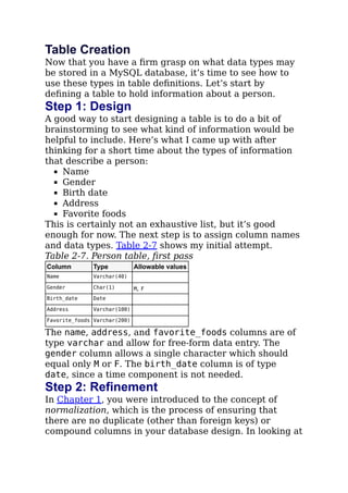 Table Creation
Now that you have a ﬁrm grasp on what data types may
be stored in a MySQL database, it’s time to see how to
use these types in table deﬁnitions. Let’s start by
deﬁning a table to hold information about a person.
Step 1: Design
A good way to start designing a table is to do a bit of
brainstorming to see what kind of information would be
helpful to include. Here’s what I came up with after
thinking for a short time about the types of information
that describe a person:
Name
Gender
Birth date
Address
Favorite foods
This is certainly not an exhaustive list, but it’s good
enough for now. The next step is to assign column names
and data types. Table 2-7 shows my initial attempt.
Table 2-7. Person table, ﬁrst pass
Column Type Allowable values
Name Varchar(40)
Gender Char(1) M, F
Birth_date Date
Address Varchar(100)
Favorite_foods Varchar(200)
The name, address, and favorite_foods columns are of
type varchar and allow for free-form data entry. The
gender column allows a single character which should
equal only M or F. The birth_date column is of type
date, since a time component is not needed.
Step 2: Refinement
In Chapter 1, you were introduced to the concept of
normalization, which is the process of ensuring that
there are no duplicate (other than foreign keys) or
compound columns in your database design. In looking at
 