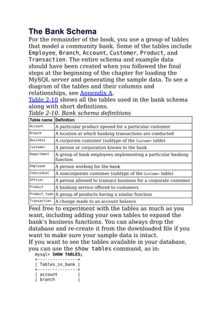 The Bank Schema
For the remainder of the book, you use a group of tables
that model a community bank. Some of the tables include
Employee, Branch, Account, Customer, Product, and
Transaction. The entire schema and example data
should have been created when you followed the ﬁnal
steps at the beginning of the chapter for loading the
MySQL server and generating the sample data. To see a
diagram of the tables and their columns and
relationships, see Appendix A.
Table 2-10 shows all the tables used in the bank schema
along with short deﬁnitions.
Table 2-10. Bank schema deﬁnitions
Table name Definition
Account A particular product opened for a particular customer
Branch A location at which banking transactions are conducted
Business A corporate customer (subtype of the Customer table)
Customer A person or corporation known to the bank
Department A group of bank employees implementing a particular banking
function
Employee A person working for the bank
Individual A noncorporate customer (subtype of the Customer table)
Officer A person allowed to transact business for a corporate customer
Product A banking service oﬀered to customers
Product_type A group of products having a similar function
Transaction A change made to an account balance
Feel free to experiment with the tables as much as you
want, including adding your own tables to expand the
bank’s business functions. You can always drop the
database and re-create it from the downloaded ﬁle if you
want to make sure your sample data is intact.
If you want to see the tables available in your database,
you can use the show tables command, as in:
mysql> SHOW TABLES;
+----------------+
| Tables_in_bank |
+----------------+
| account |
| branch |
 