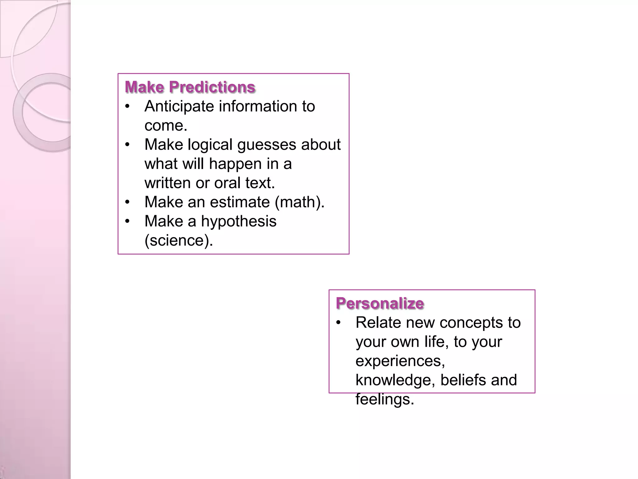 Make Predictions
• Anticipate information to
come.
• Make logical guesses about
what will happen in a
written or oral text.
• Make an estimate (math).
• Make a hypothesis
(science).
Personalize
• Relate new concepts to
your own life, to your
experiences,
knowledge, beliefs and
feelings.
 