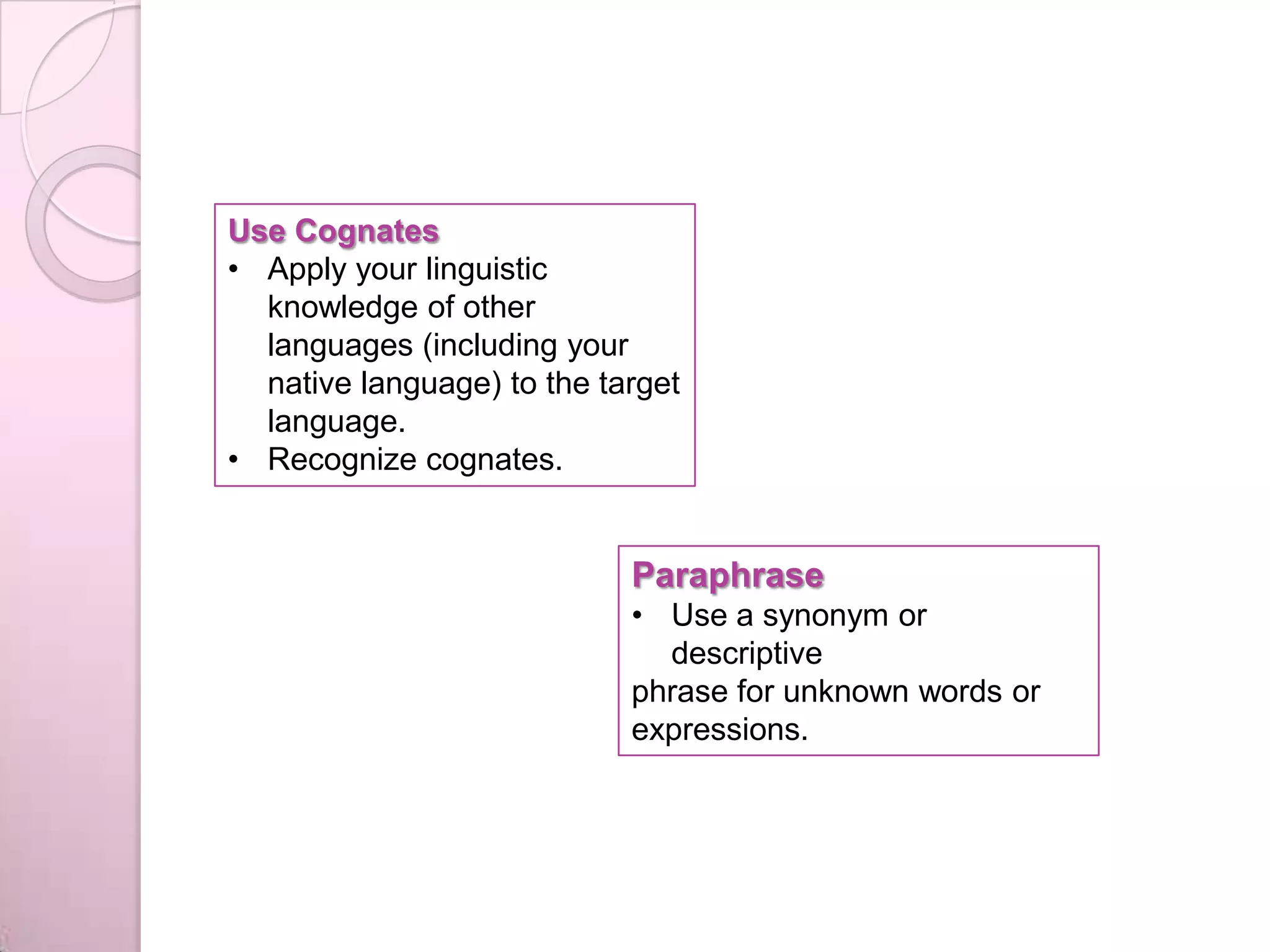 Paraphrase
• Use a synonym or
descriptive
phrase for unknown words or
expressions.
Use Cognates
• Apply your linguistic
knowledge of other
languages (including your
native language) to the target
language.
• Recognize cognates.
 