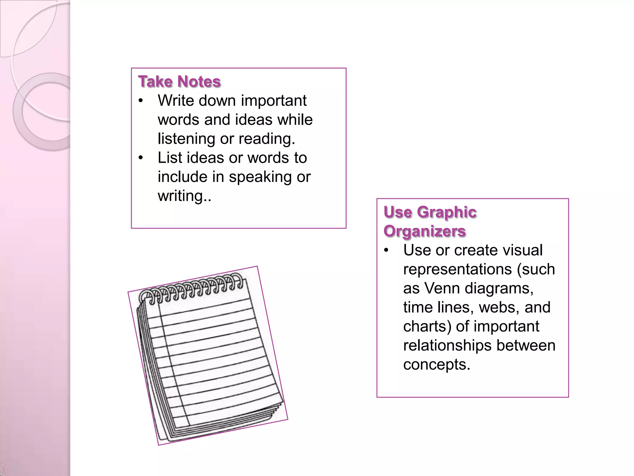 Take Notes
• Write down important
words and ideas while
listening or reading.
• List ideas or words to
include in speaking or
writing..
Use Graphic
Organizers
• Use or create visual
representations (such
as Venn diagrams,
time lines, webs, and
charts) of important
relationships between
concepts.
 