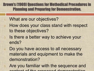 Brown’s (1969) Questions for Methodical Procedures in
Planning and Preparing for Demonstration.
1. What are our objectives?
2. How does your class stand with respect
to these objectives?
3. Is there a better way to achieve your
ends?
4. Do you have access to all necessary
materials and equipment to make the
demonstration?
5. Are you familiar with the sequence and
 