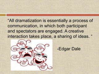 “All dramatization is essentially a process of
communication, in which both participant
and spectators are engaged. A creative
interaction takes place, a sharing of ideas. “
-Edgar Dale
 