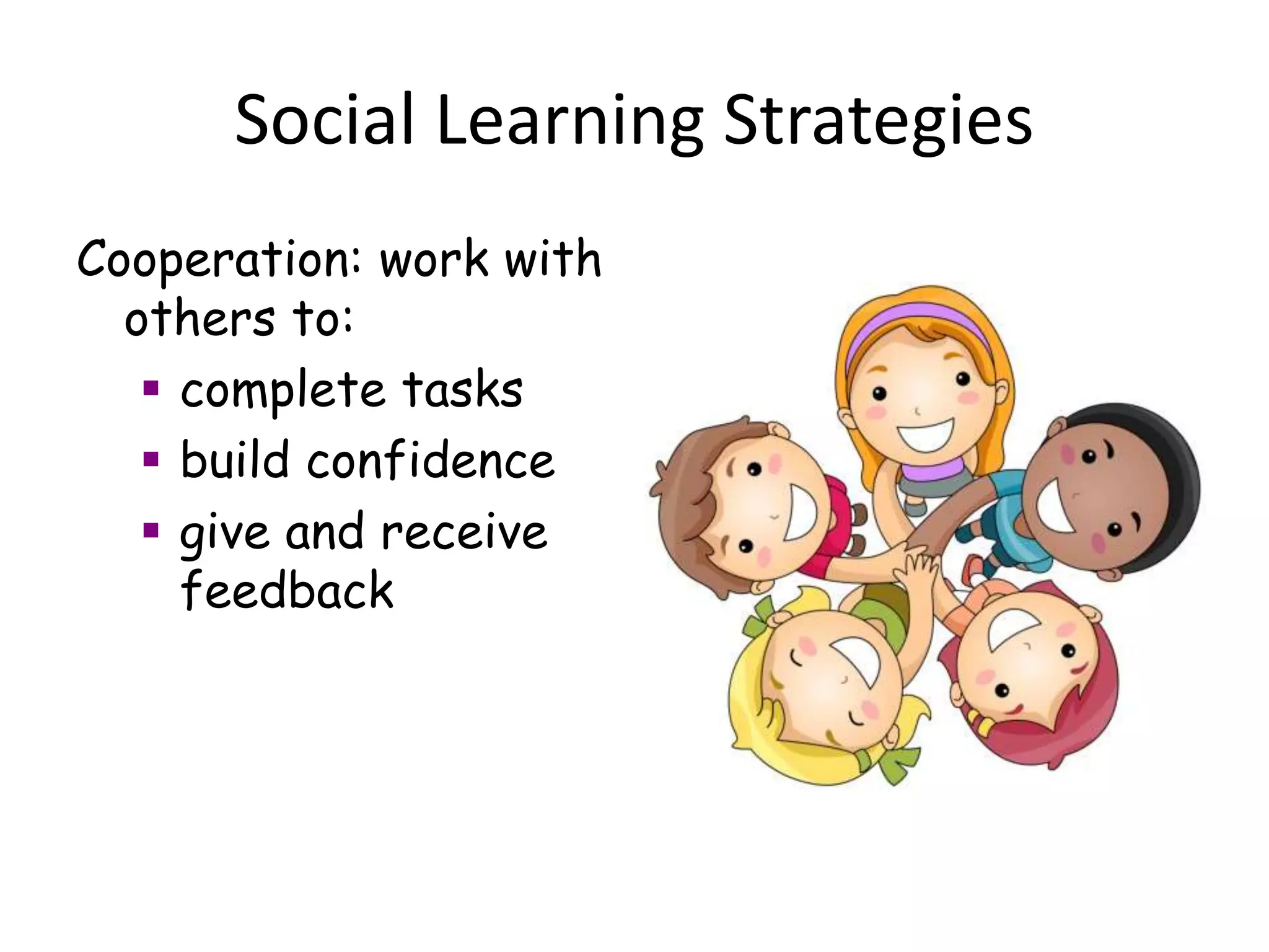 Social Learning Strategies
Cooperation: work with
others to:
 complete tasks
 build confidence
 give and receive
feedback
 