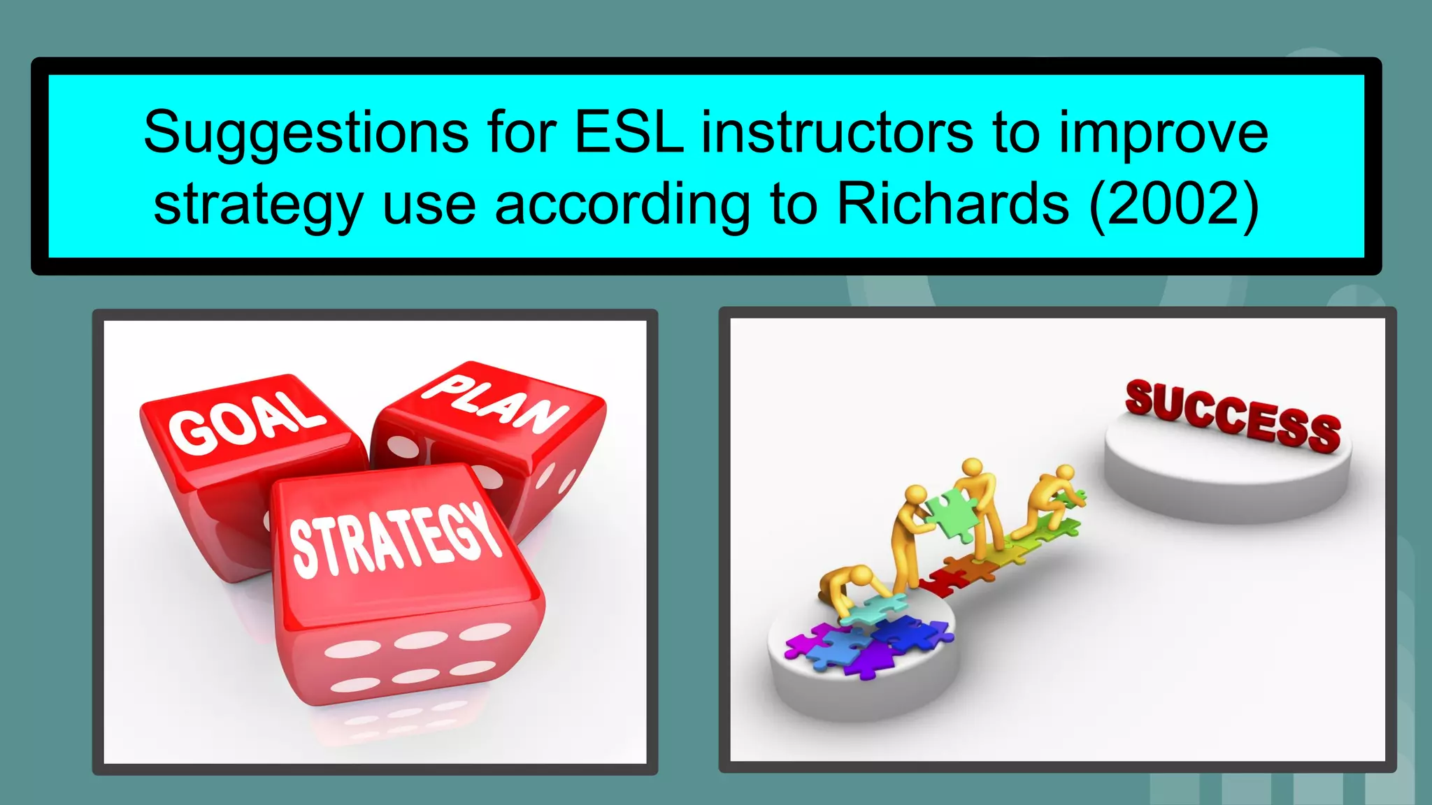 Suggestions for ESL instructors to improve
strategy use according to Richards (2002)
 