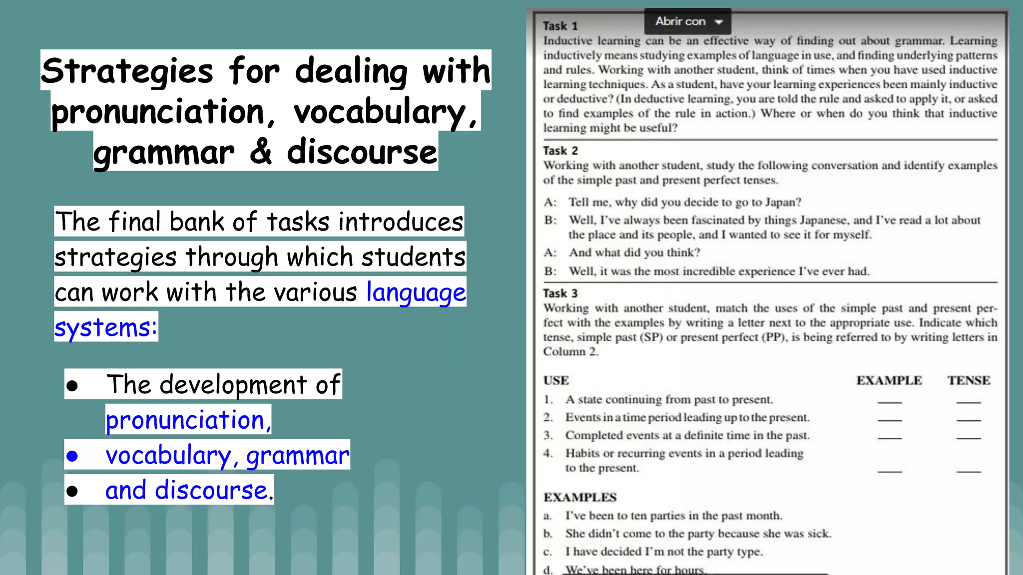Strategies for dealing with
pronunciation, vocabulary,
grammar & discourse
The final bank of tasks introduces
strategies through which students
can work with the various language
systems:
● The development of
pronunciation,
● vocabulary, grammar
● and discourse.
 