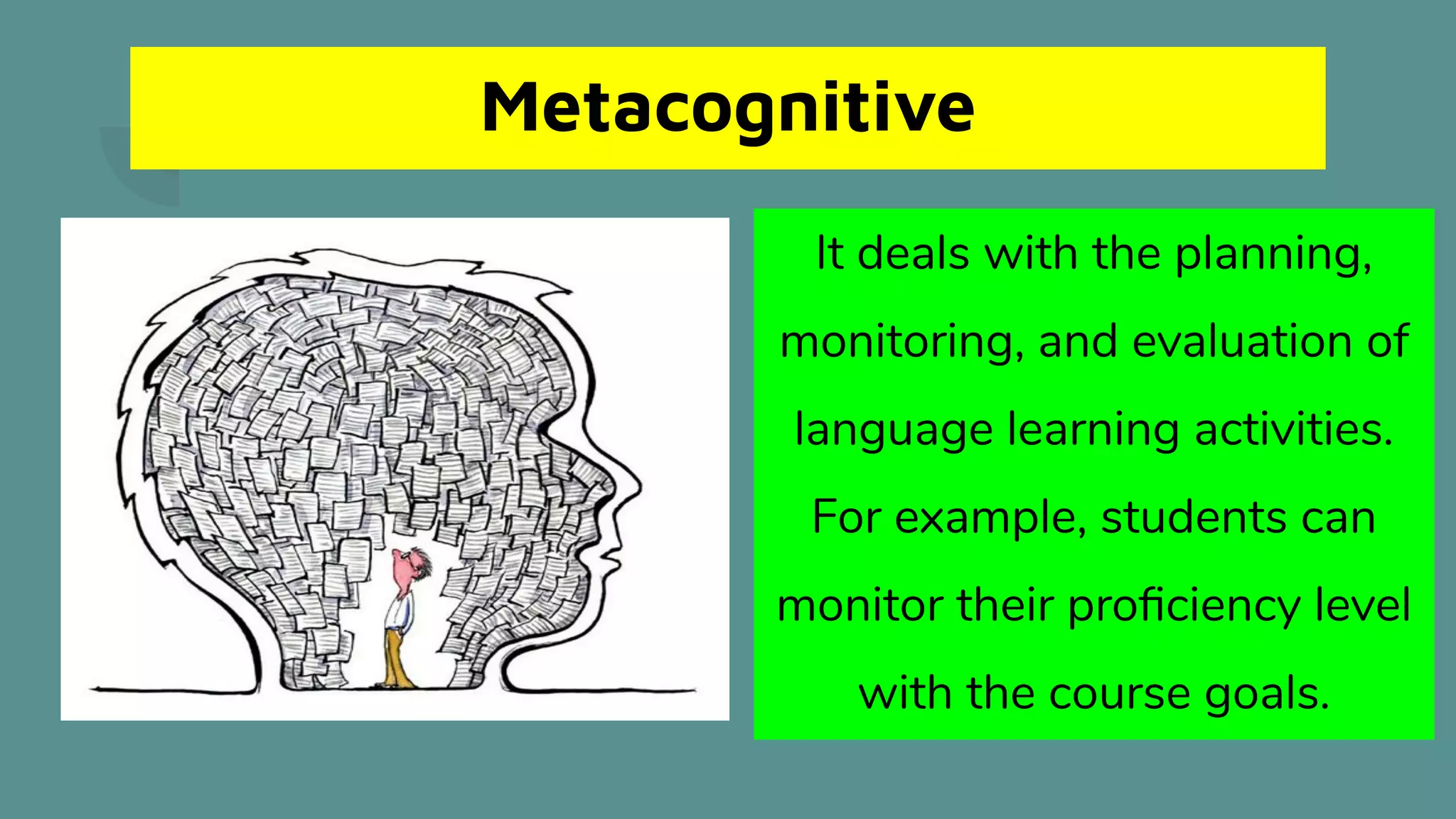 Metacognitive
It deals with the planning,
monitoring, and evaluation of
language learning activities.
For example, students can
monitor their proﬁciency level
with the course goals.
 