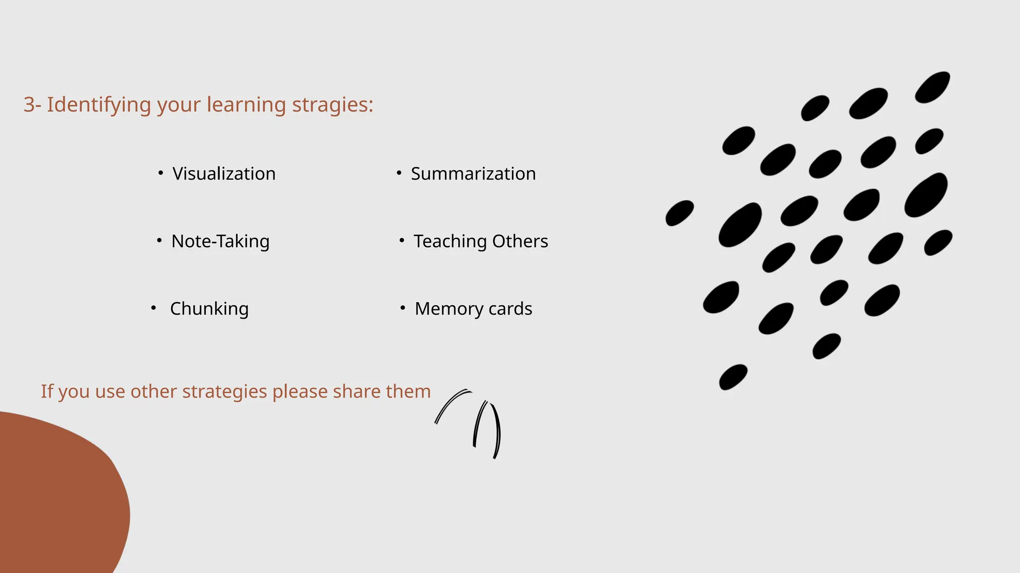 3- Identifying your learning stragies:
• Visualization
• Chunking
• Note-Taking • Teaching Others
• Summarization
If you use other strategies please share them
• Memory cards
 