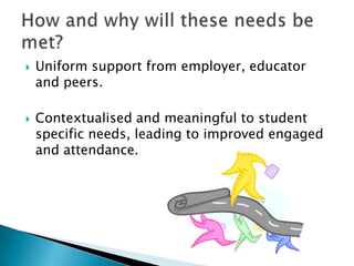    Uniform support from employer, educator
    and peers.

   Contextualised and meaningful to student
    specific needs, leading to improved engaged
    and attendance.
 