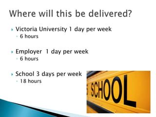    Victoria University 1 day per week
    ◦ 6 hours


   Employer 1 day per week
    ◦ 6 hours


   School 3 days per week
    ◦ 18 hours
 