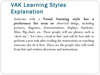 VAK Learning Styles Explanation Someone with a  Visual learning style has a preference for seen or  observed things, including pictures, diagrams, demonstrations, displays, handouts, films, flip-chart, etc. These people will use phrases such as ‘show me’, ‘let’s have a look at that’ and will be best able to perform a new task after reading the instructions or watching someone else do it first. These are the people who will work from lists and written directions and instructions. 