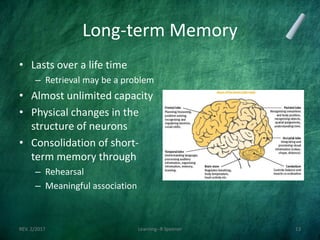 Long-term Memory
• Lasts over a life time
– Retrieval may be a problem
• Almost unlimited capacity
• Physical changes in the
structure of neurons
• Consolidation of short-
term memory through
– Rehearsal
– Meaningful association
REV. 2/2017 Learning--R Speener 13
 