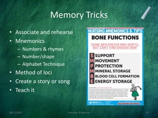 Memory Tricks
• Associate and rehearse
• Mnemonics
– Numbers & rhymes
– Number/shape
– Alphabet Technique
• Method of loci
• Create a story or song
• Teach it
REV. 2/2017 Learning--R Speener 20
 