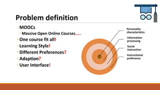 Problem definition
◦ MOOCs
◦ Massive Open Online Courses…..
◦ One course fit all!
◦ Learning Style!
◦ Different Preference...