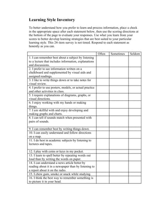 Learning Style Inventory
To better understand how you prefer to learn and process information, place a check
in the appropriate space after each statement below, then use the scoring directions at
the bottom of the page to evaluate your responses. Use what you learn from your
scores to better develop learning strategies that are best suited to your particular
learning style. This 24-item survey is not timed. Respond to each statement as
honestly as you can.
Often Sometimes Seldom
1. I can remember best about a subject by listening
to a lecture that includes information, explanations
and discussions.
2. I prefer to see information written on a
chalkboard and supplemented by visual aids and
assigned readings.
3. I like to write things down or to take notes for
visual review.
4. I prefer to use posters, models, or actual practice
and other activities in class.
5. I require explanations of diagrams, graphs, or
visual directions.
6. I enjoy working with my hands or making
things.
7. I am skillful with and enjoy developing and
making graphs and charts.
8. I can tell if sounds match when presented with
pairs of sounds.
9. I can remember best by writing things down.
10. I can easily understand and follow directions
on a map.
11. I do best in academic subjects by listening to
lectures and tapes.
12. I play with coins or keys in my pocket.
13. I learn to spell better by repeating words out
loud than by writing the words on paper.
14. I can understand a news article better by
reading about it in a newspaper than by listening to
a report about it on the radio.
15. I chew gum, smoke or snack while studying.
16. I think the best way to remember something is
to picture it in your head.
 