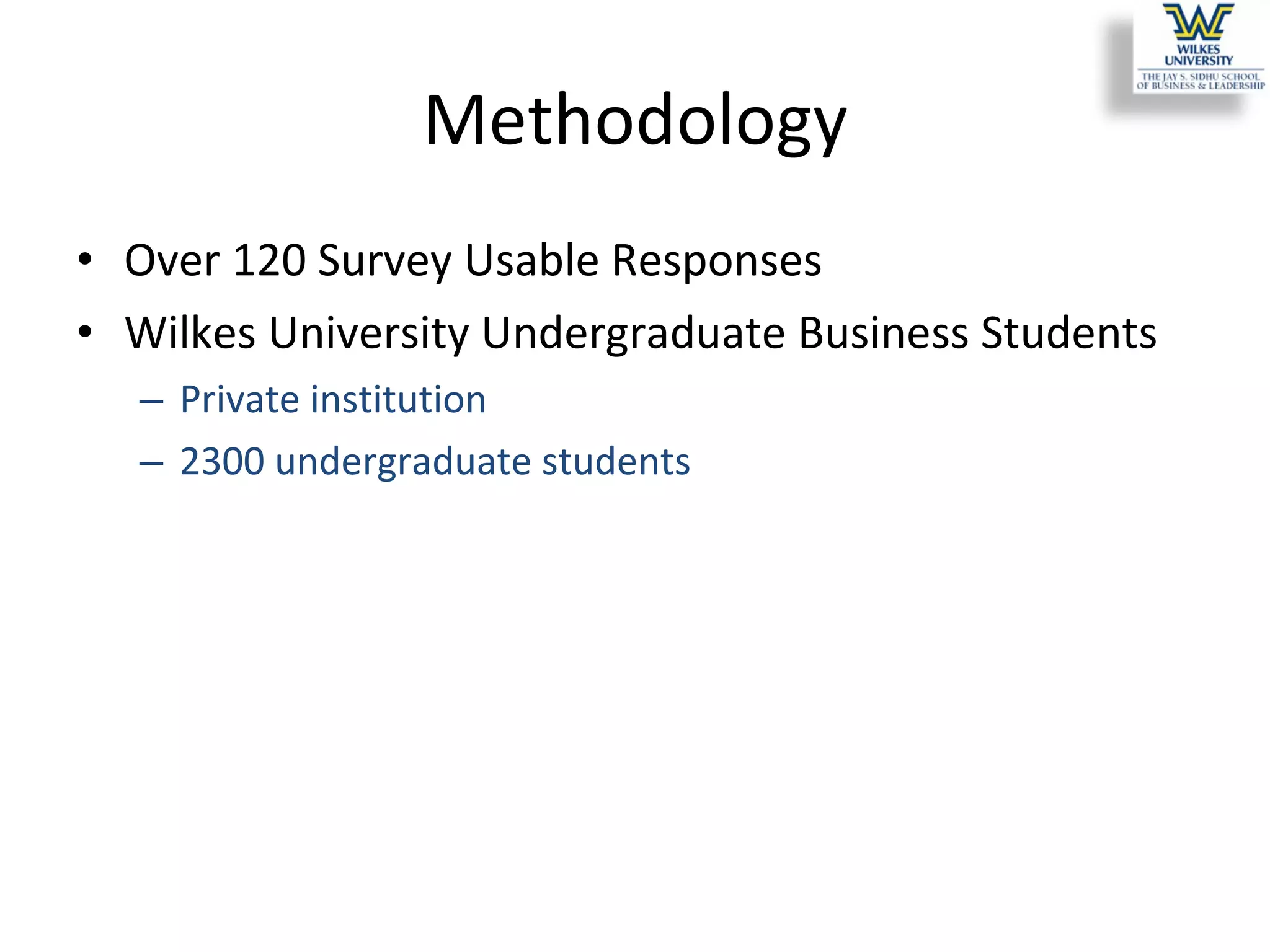 Methodology Over 120 Survey Usable Responses Wilkes University Undergraduate Business Students Private institution 2300 undergraduate students 