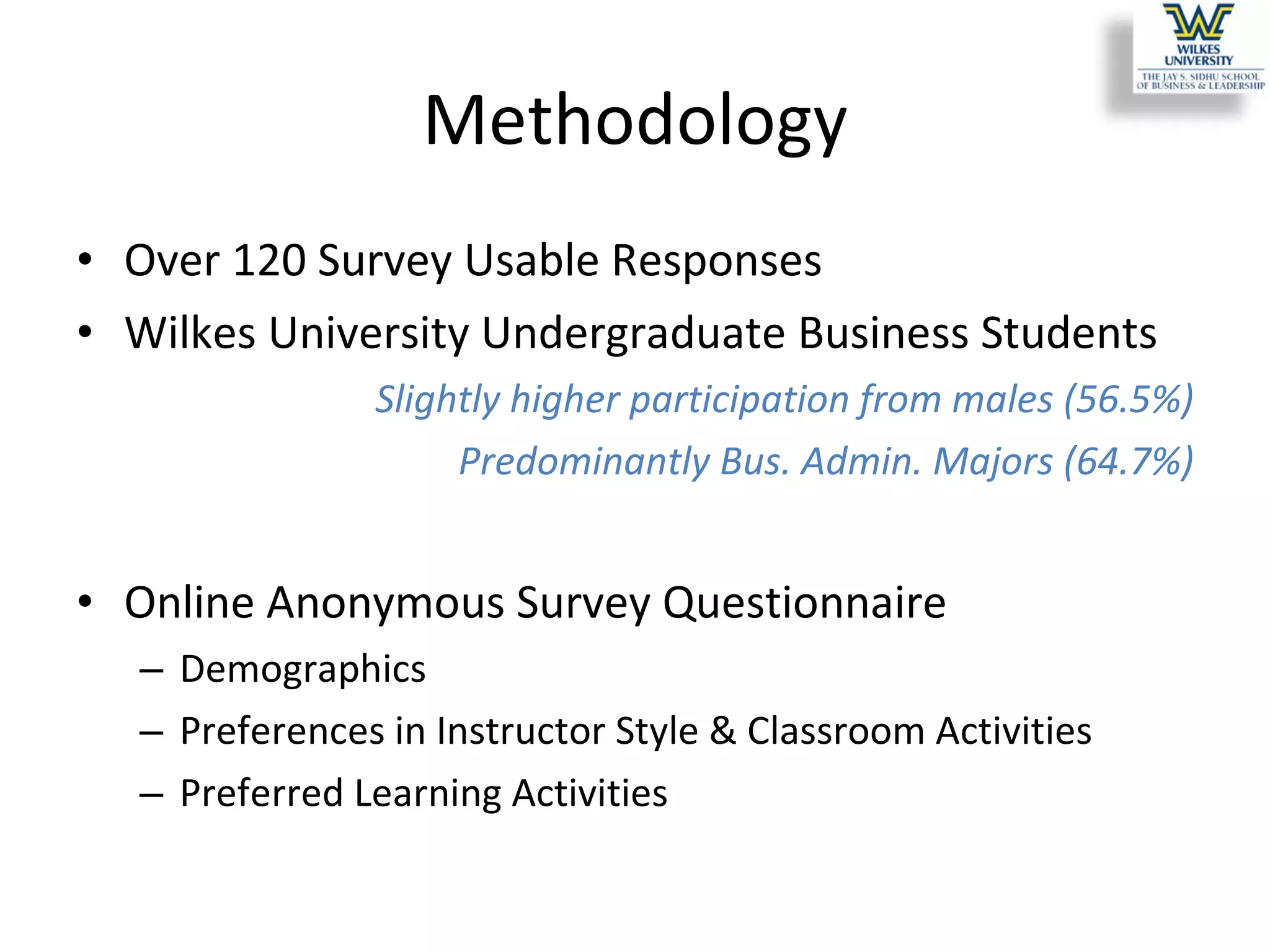 Methodology Over 120 Survey Usable Responses Wilkes University Undergraduate Business Students Slightly higher participation from males (56.5%) Predominantly Bus. Admin. Majors (64.7%) Online Anonymous Survey Questionnaire Demographics  Preferences in Instructor Style & Classroom Activities Preferred Learning Activities 