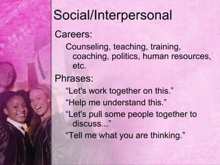 Social/Interpersonal
Careers:
  Counseling, teaching, training,
   coaching, politics, human resources,
   etc.
Phrases:
  “Let's work together on this.”
  “Help me understand this.”
  “Let's pull some people together to
    discuss...”
  “Tell me what you are thinking.”
 